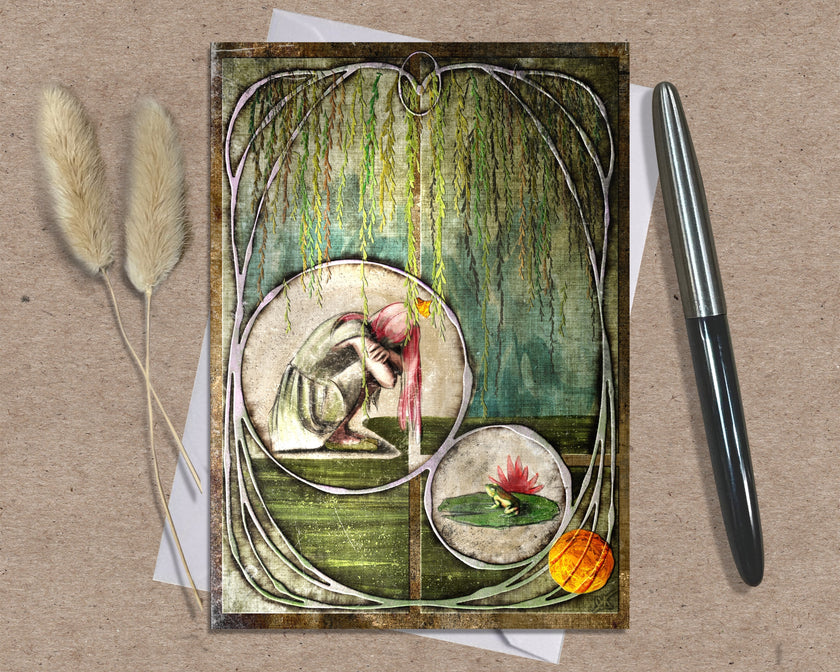 Decorative greeting card with nature-themed illustrations on a textured surface with a pen and dried plants.