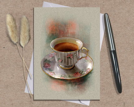 Soft Pink Rose and Gold Teacup Single Greeting Card