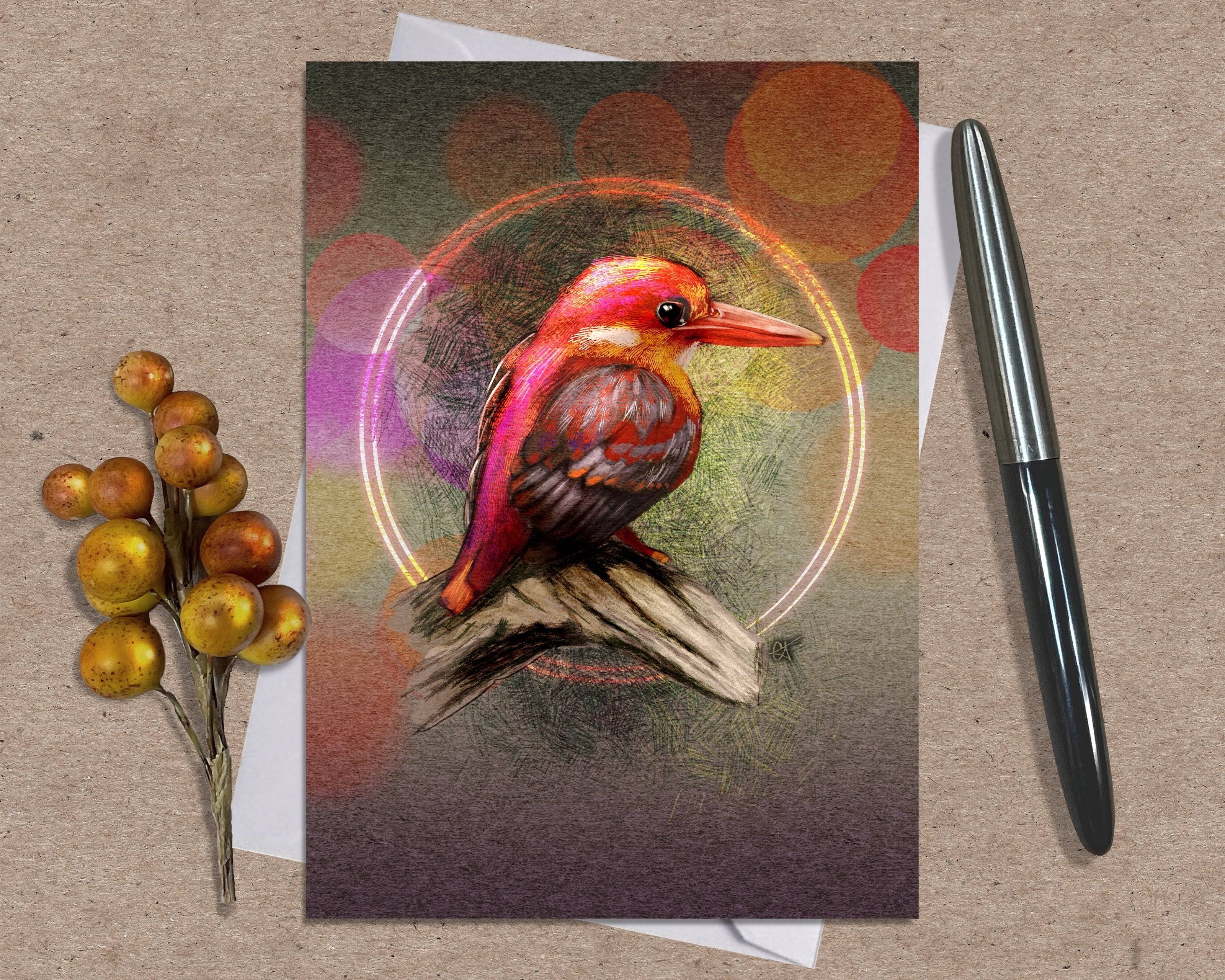 Card with a colorful bird illustration on a textured surface with a pen and decorative branch.