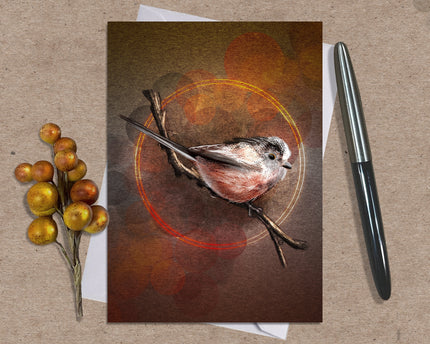 Greeting card with a bird illustration on a brown background, accompanied by a pen and decorative branch.