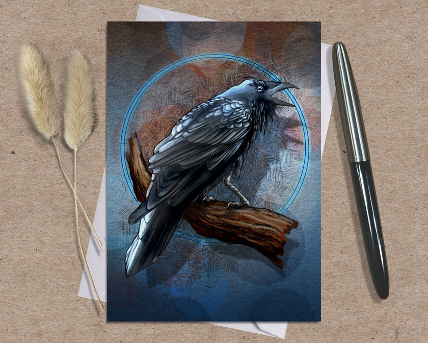 Greeting card with a bird illustration on a textured surface with a pen and dried plants.