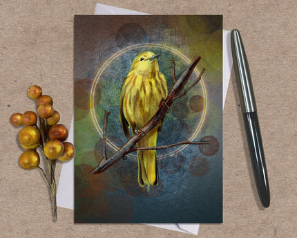 Greeting card with a yellow bird illustration on a brown textured background