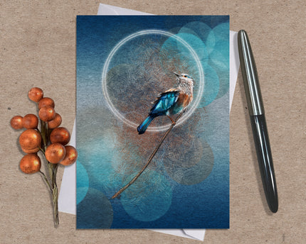 Greeting card with a bird design on a textured surface with a pen and decorative elements.