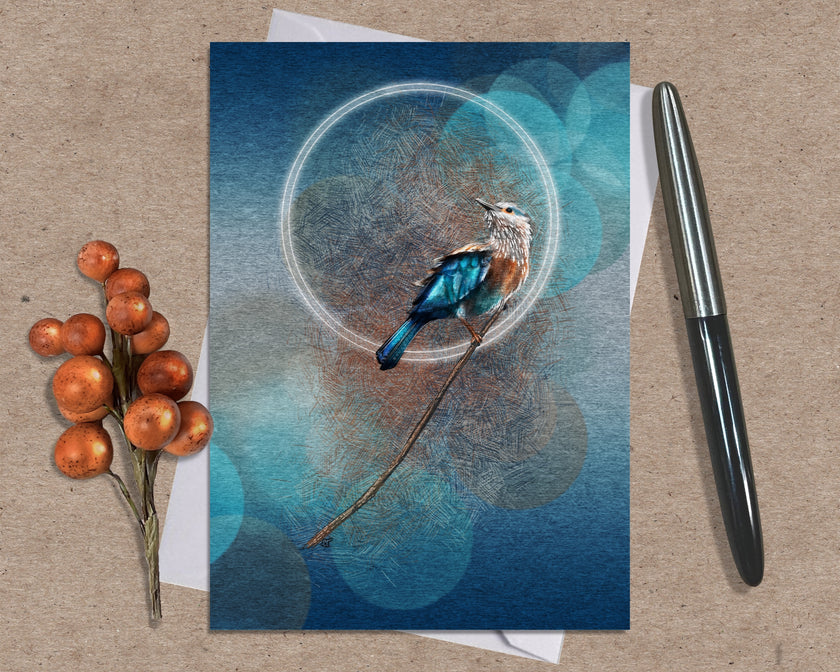 Greeting card with a bird design on a textured surface with a pen and decorative elements.