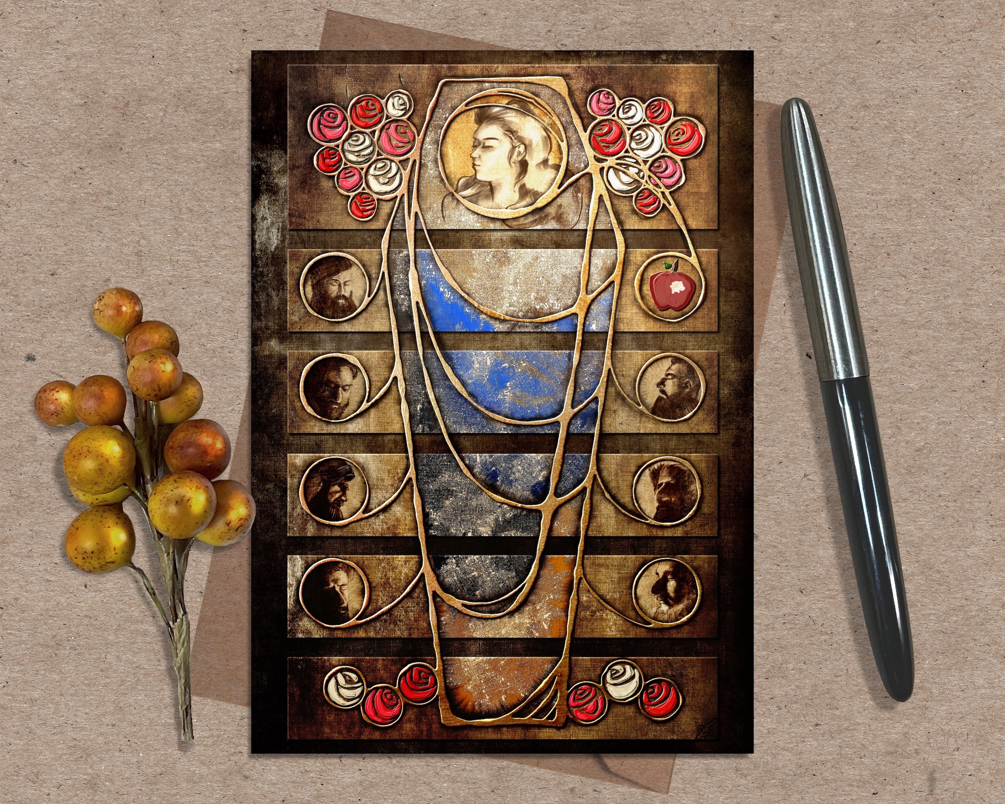 Decorative greeting card with artistic design on a textured surface with a pen and decorative elements.
