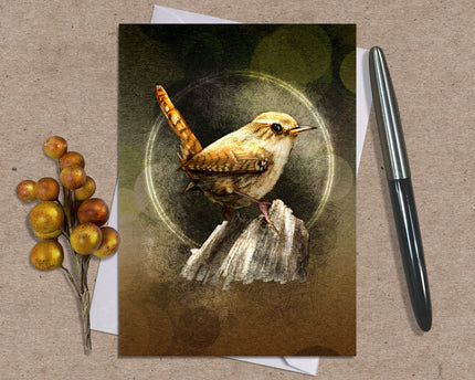 Greeting card with a bird illustration on a textured surface with a pen and berries.