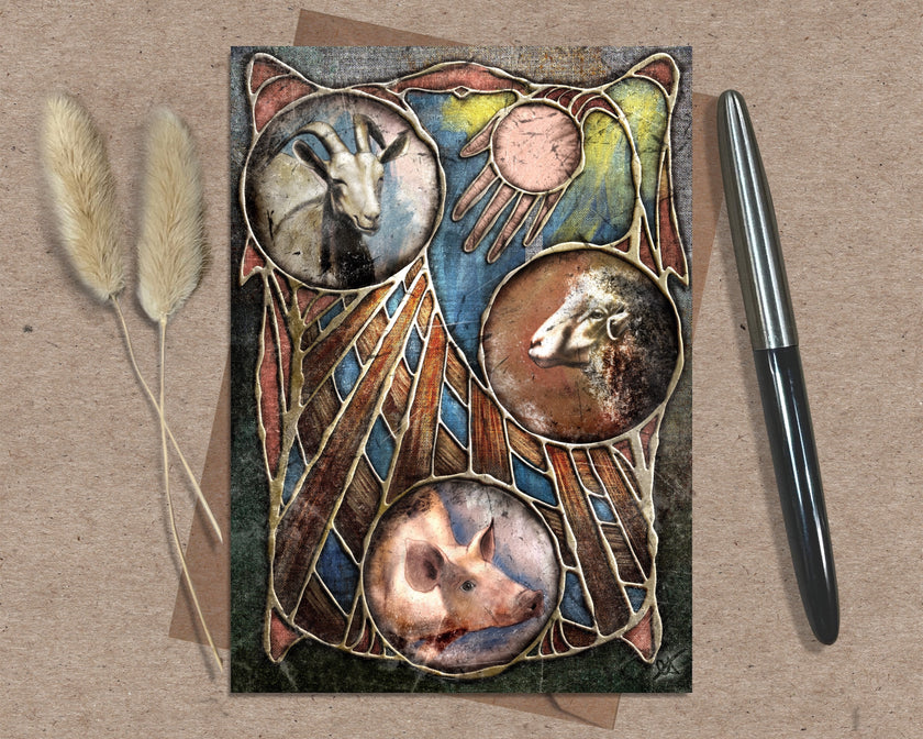 Decorative card with animal illustrations on a textured surface with a pen and dried plants.