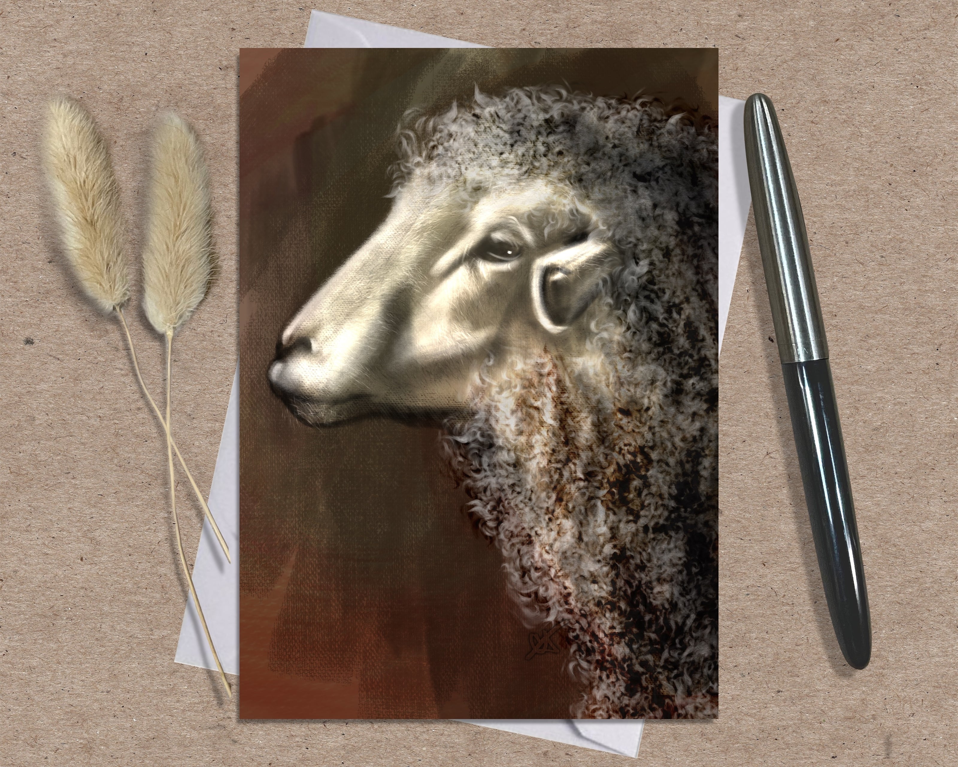 Greeting card with a sheep illustration on a textured surface with a pen and dried plants.