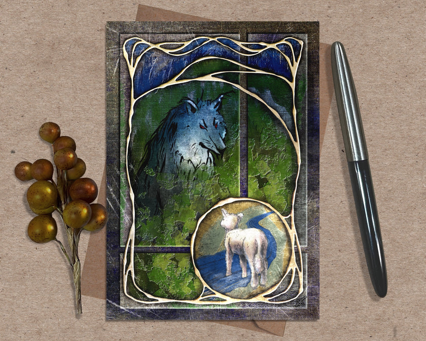 Greeting card with wolf and lamb design on a textured surface with a pen and decorative elements.