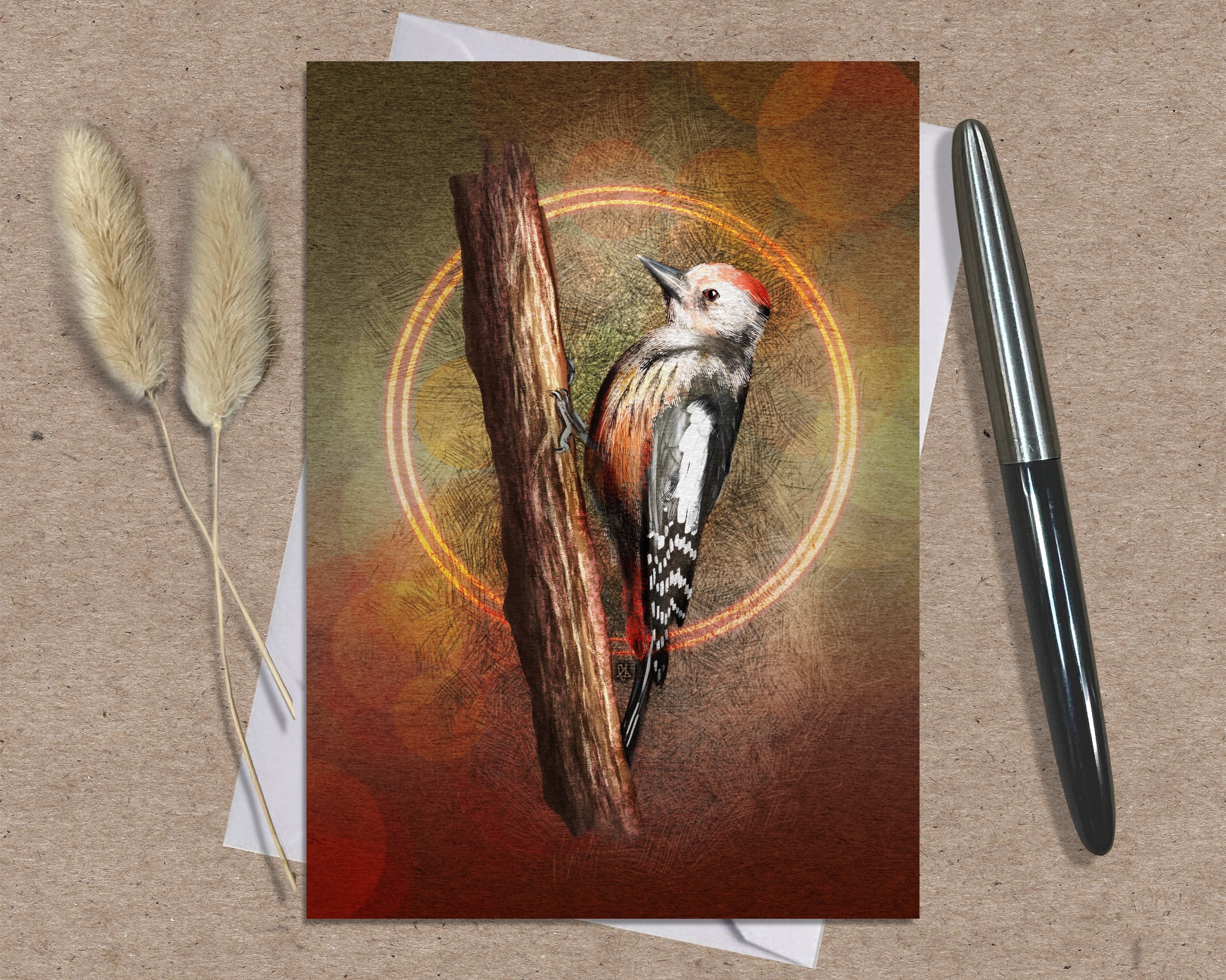 Greeting card with a woodpecker design on a textured surface with a pen and dried plants.