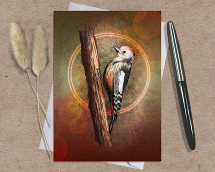 Greeting card with a woodpecker design on a textured surface with a pen and dried plants.