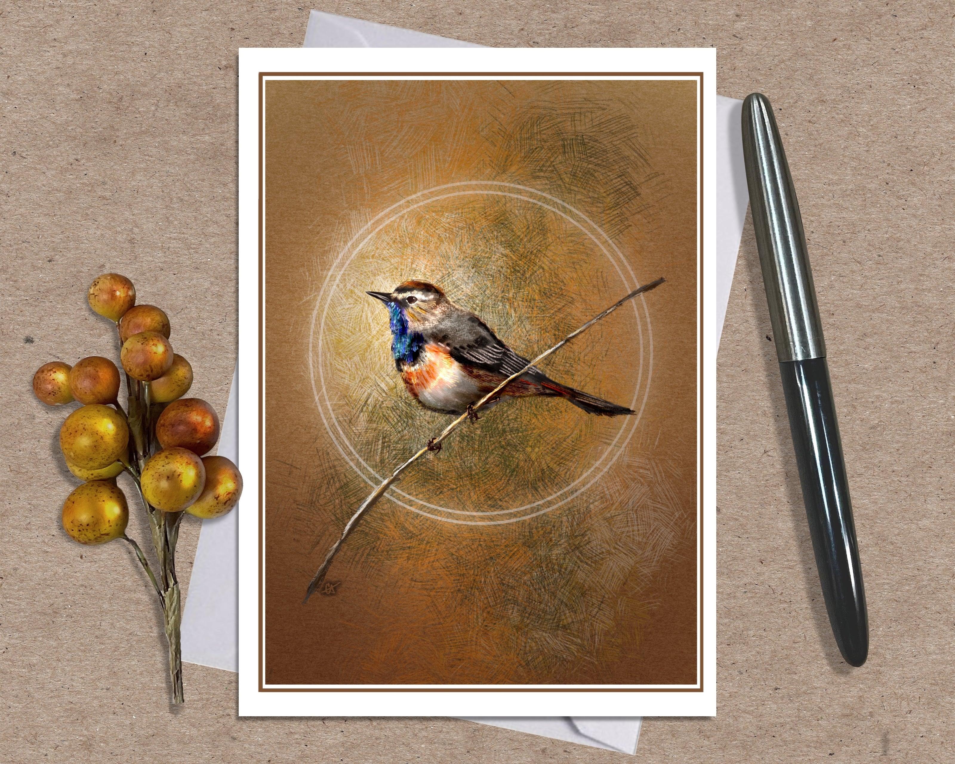 Greeting card with a bird illustration on a brown background, accompanied by a pen and decorative branch.