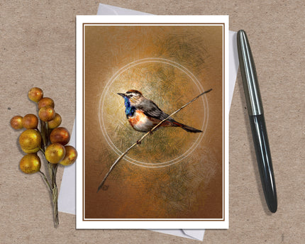 Greeting card with a bird illustration on a brown background, accompanied by a pen and decorative branch.