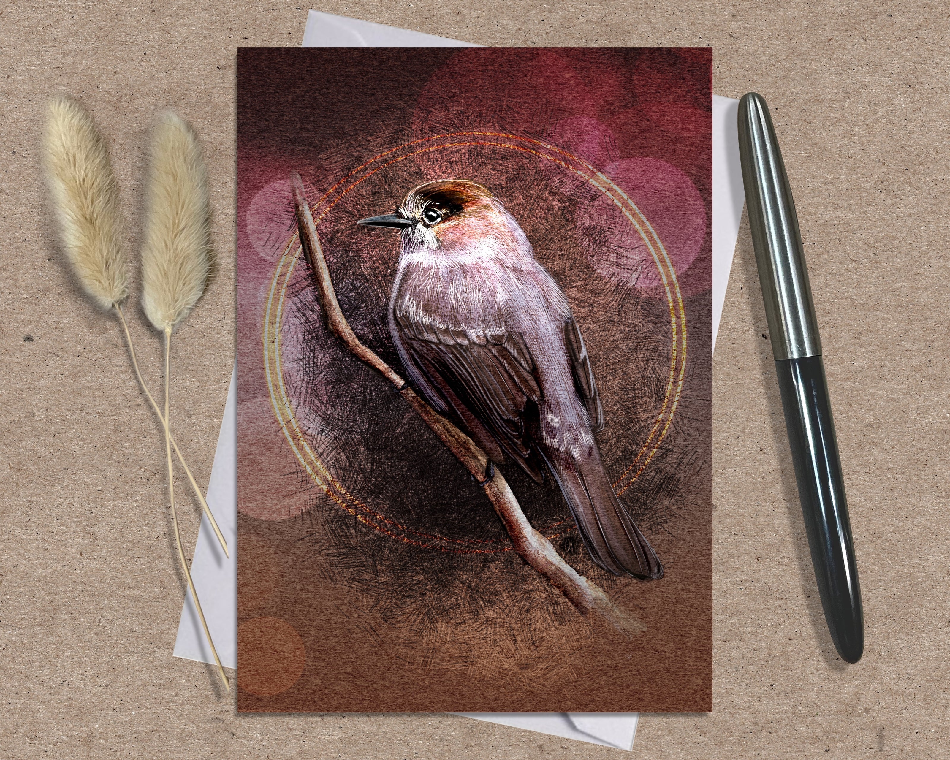 Card with a bird illustration on a brown background with a pen and dried plants.