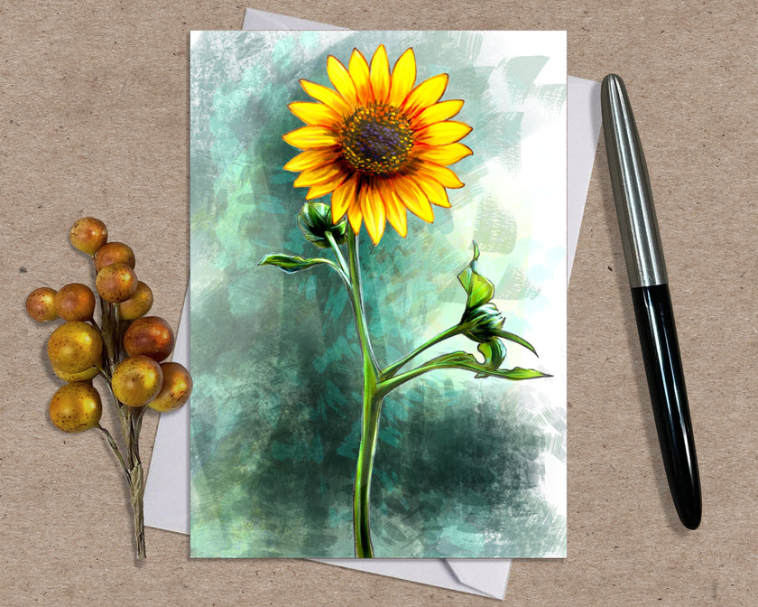 Greeting card with a sunflower design on a textured surface with a pen and decorative elements.