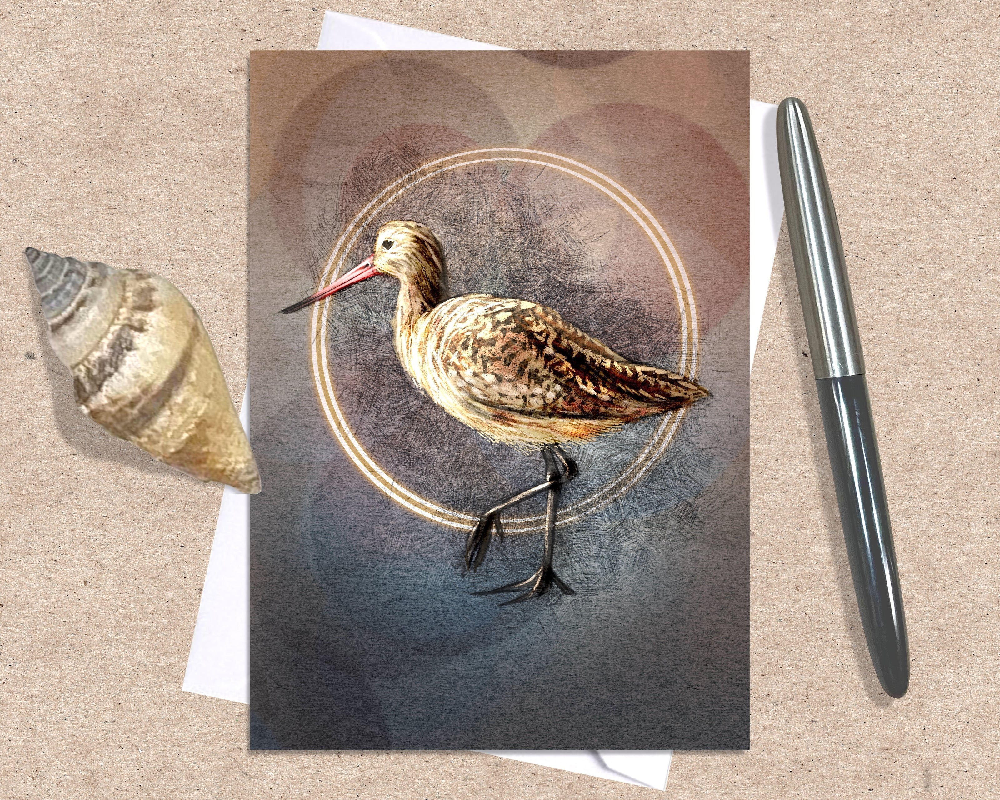 Greeting card with a bird illustration on a textured surface with a shell and pen.