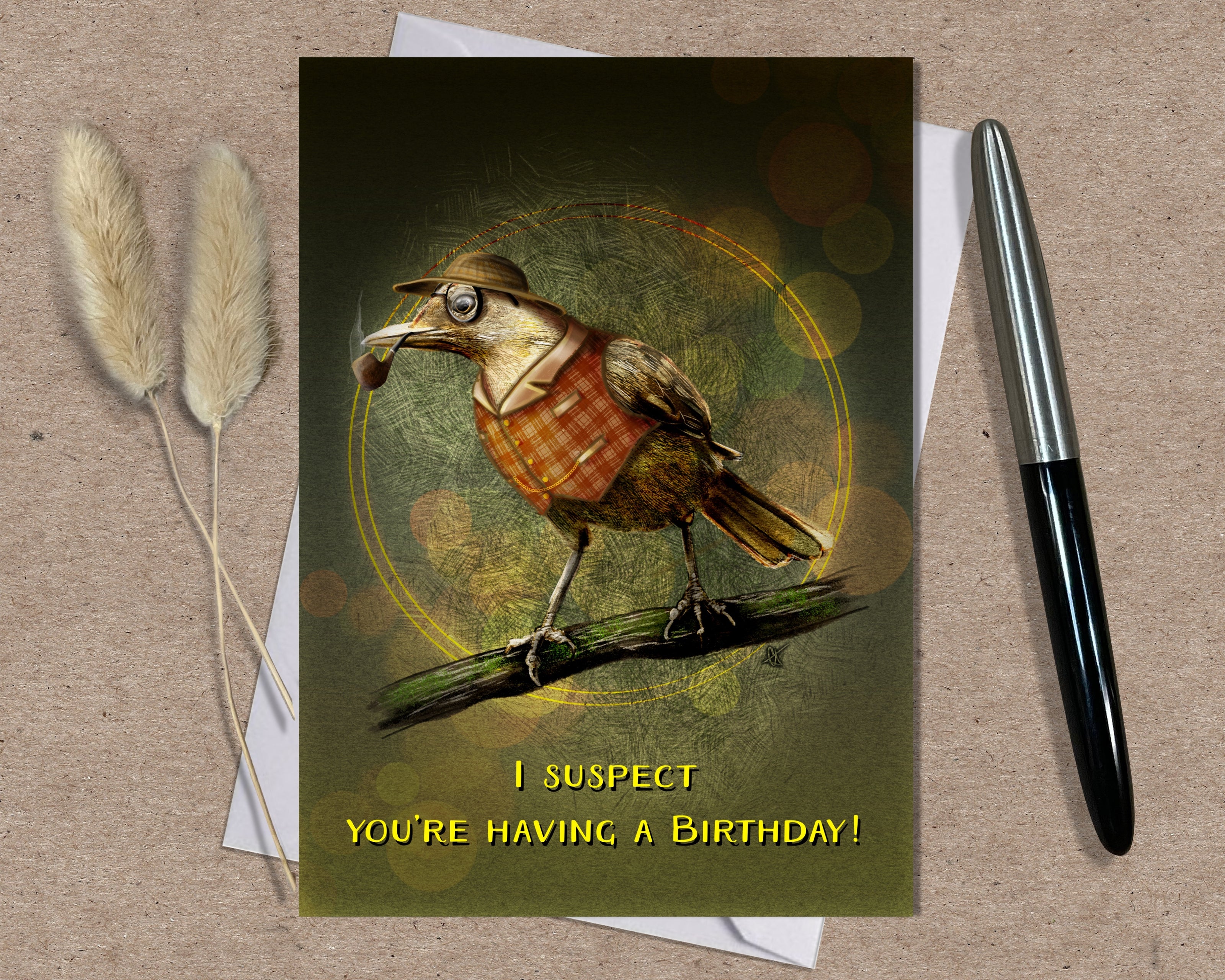 Birthday card with a bird illustration and text on a textured surface with a pen and dried plants. Text on the card says 