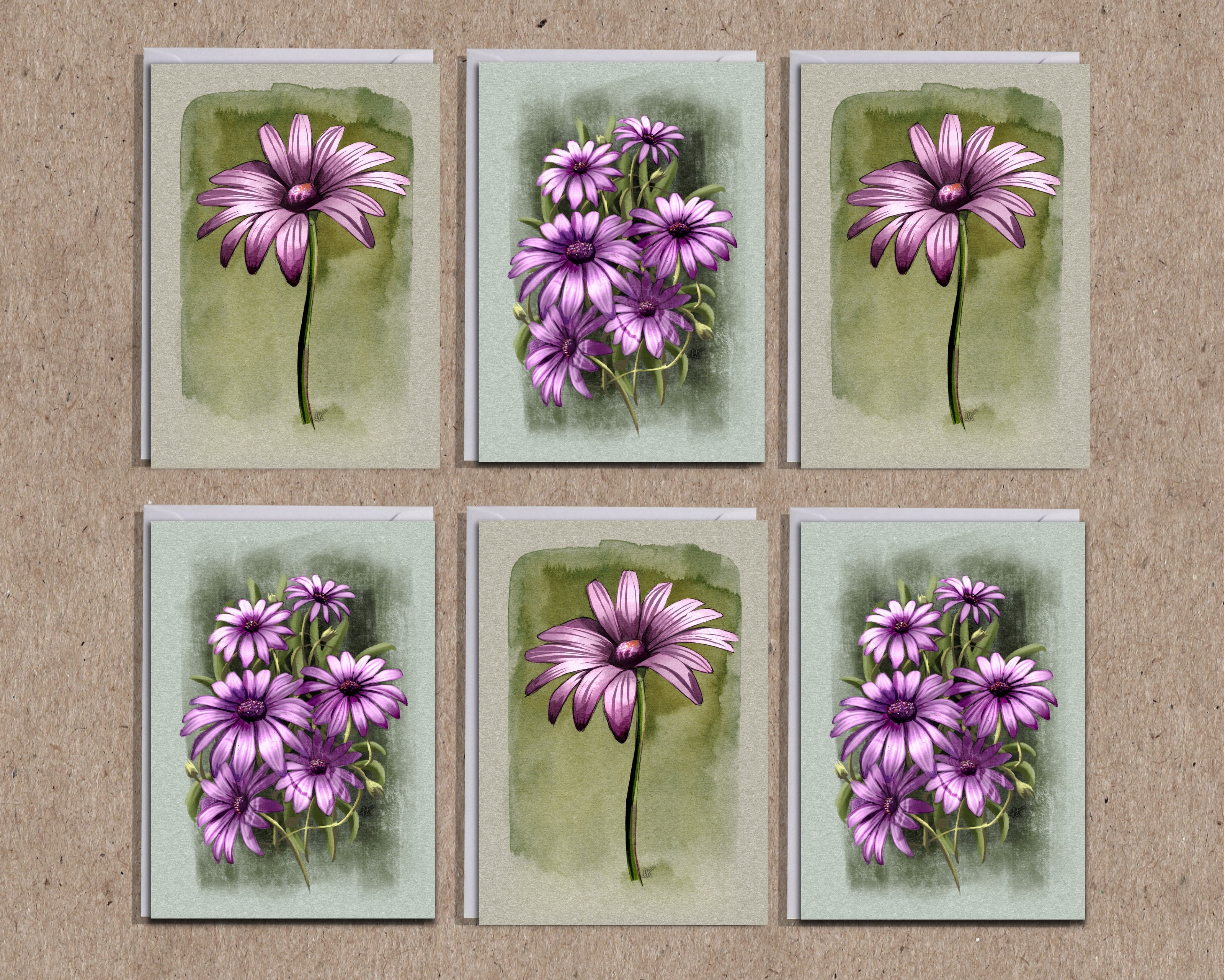 Set of six greeting cards with purple flowers on a textured brown background