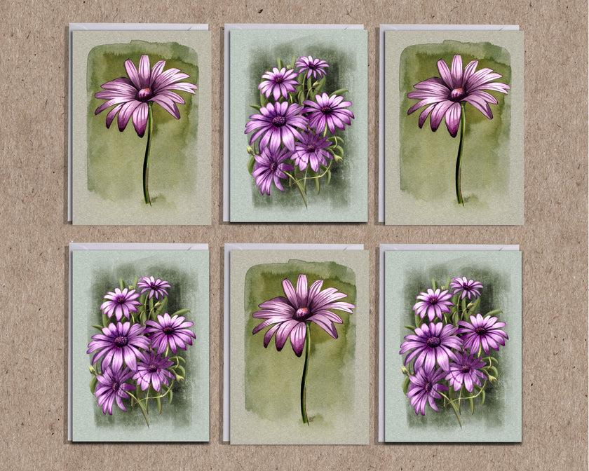 Set of six greeting cards with purple flowers on a textured brown background