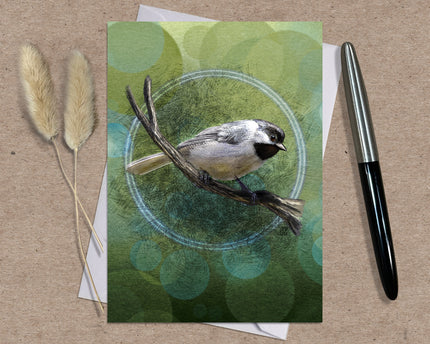Greeting card with a bird illustration on a green background, accompanied by dried plants and a pen.