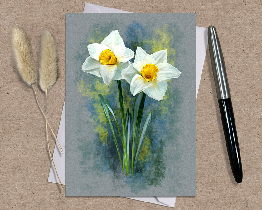 Greeting card with watercolor design of two white flowers with yellow centers on a textured surface.