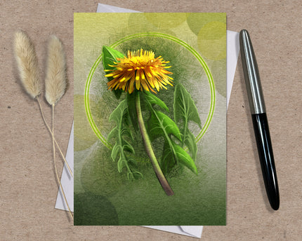 Greeting card with a dandelion design on a textured surface with a pen and dried plants.