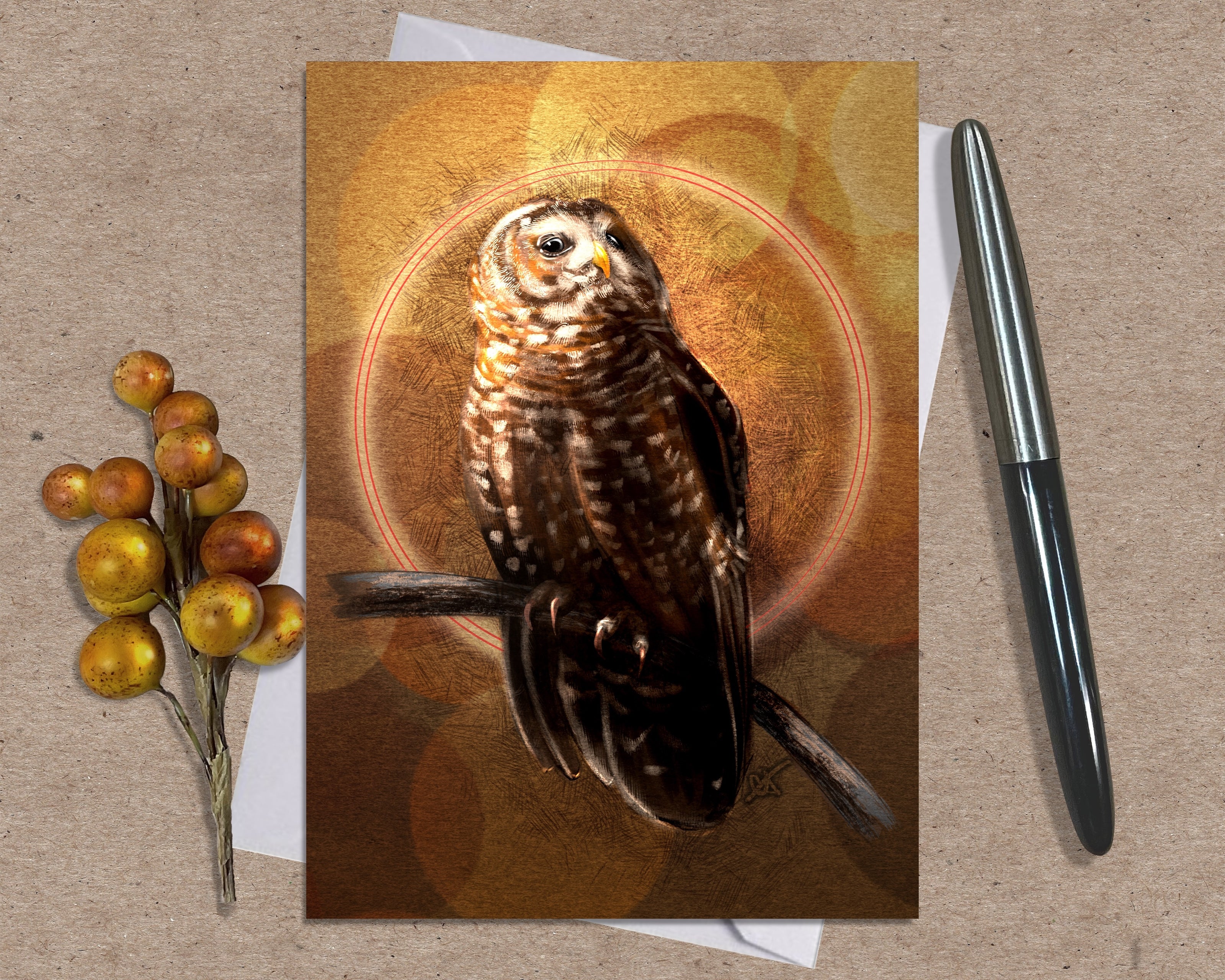 Greeting card with an owl design on a textured surface with a pen and decorative branch.