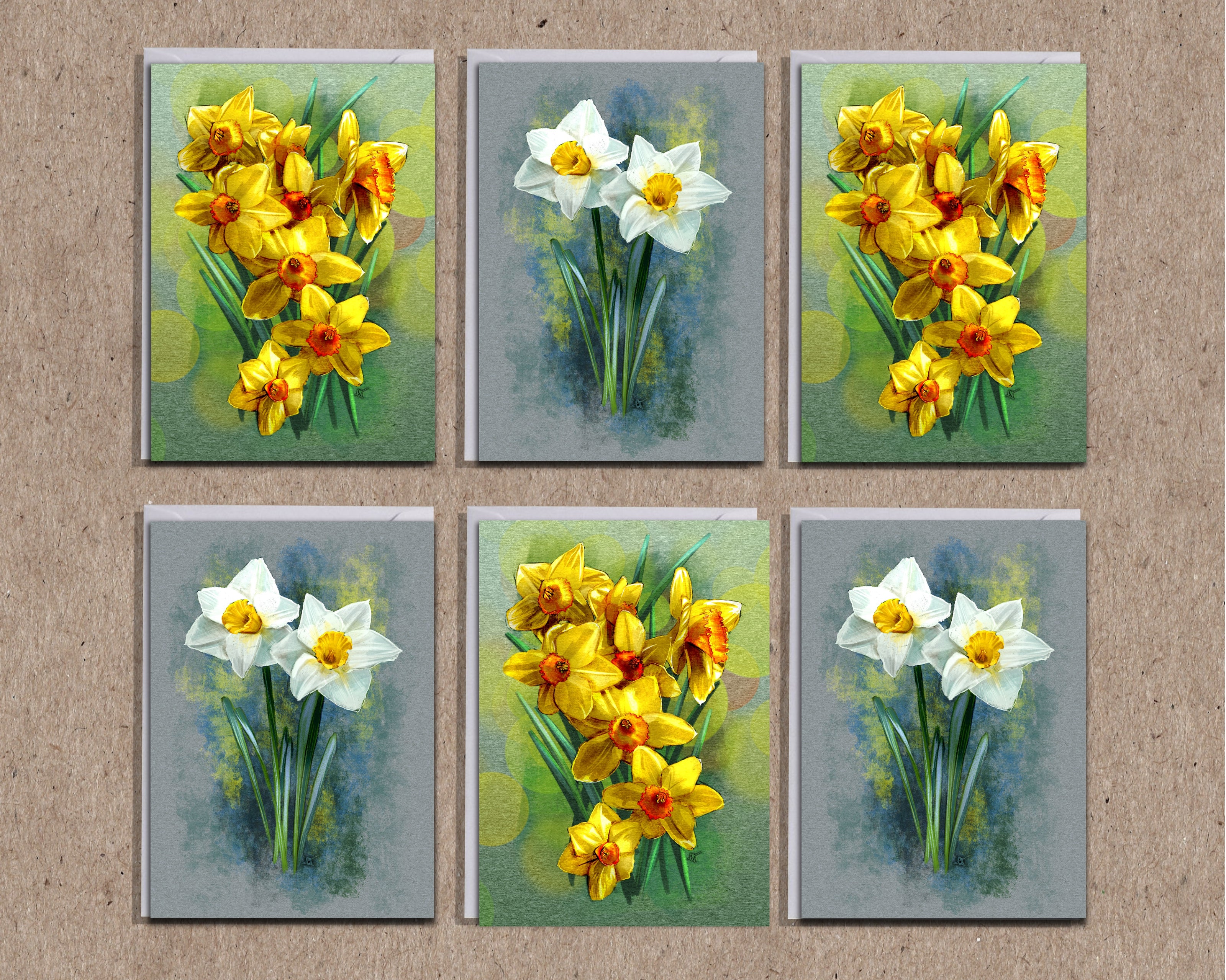 Set of six floral cards with yellow and white flowers on a textured beige background