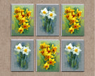 Set of six floral cards with yellow and white flowers on a textured beige background