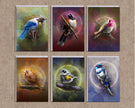 Set of six colorful bird illustrations on a textured brown background