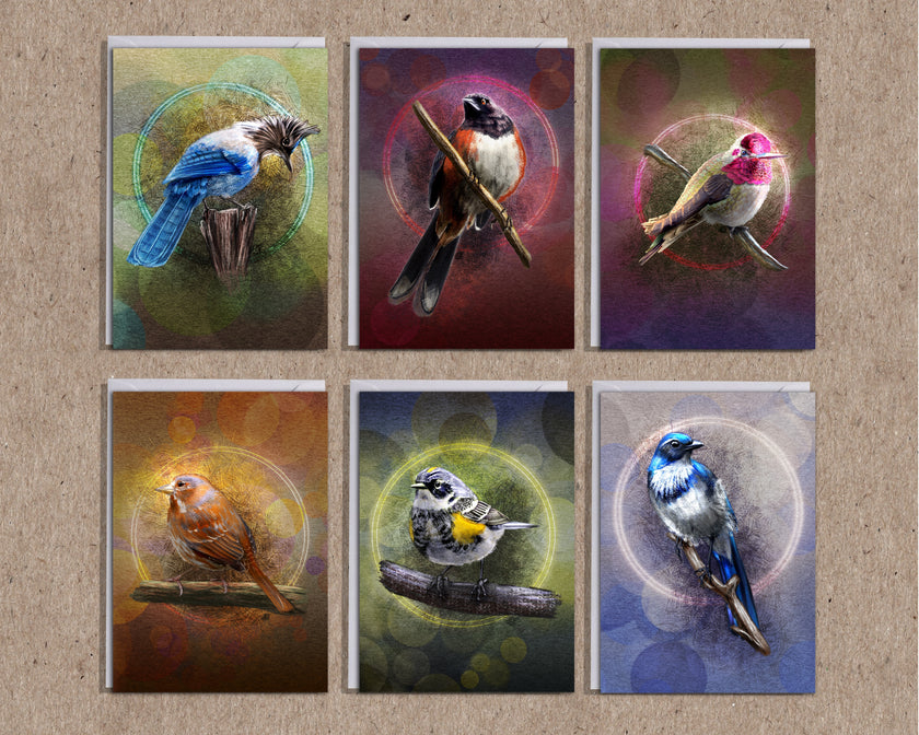 Set of six colorful bird illustrations on a textured brown background