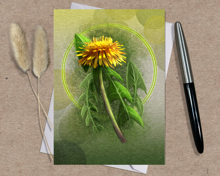 Greeting card with a dandelion design on a textured surface with a pen and dried plants.