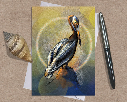 Card with a pelican illustration on a textured surface with a shell and pen.