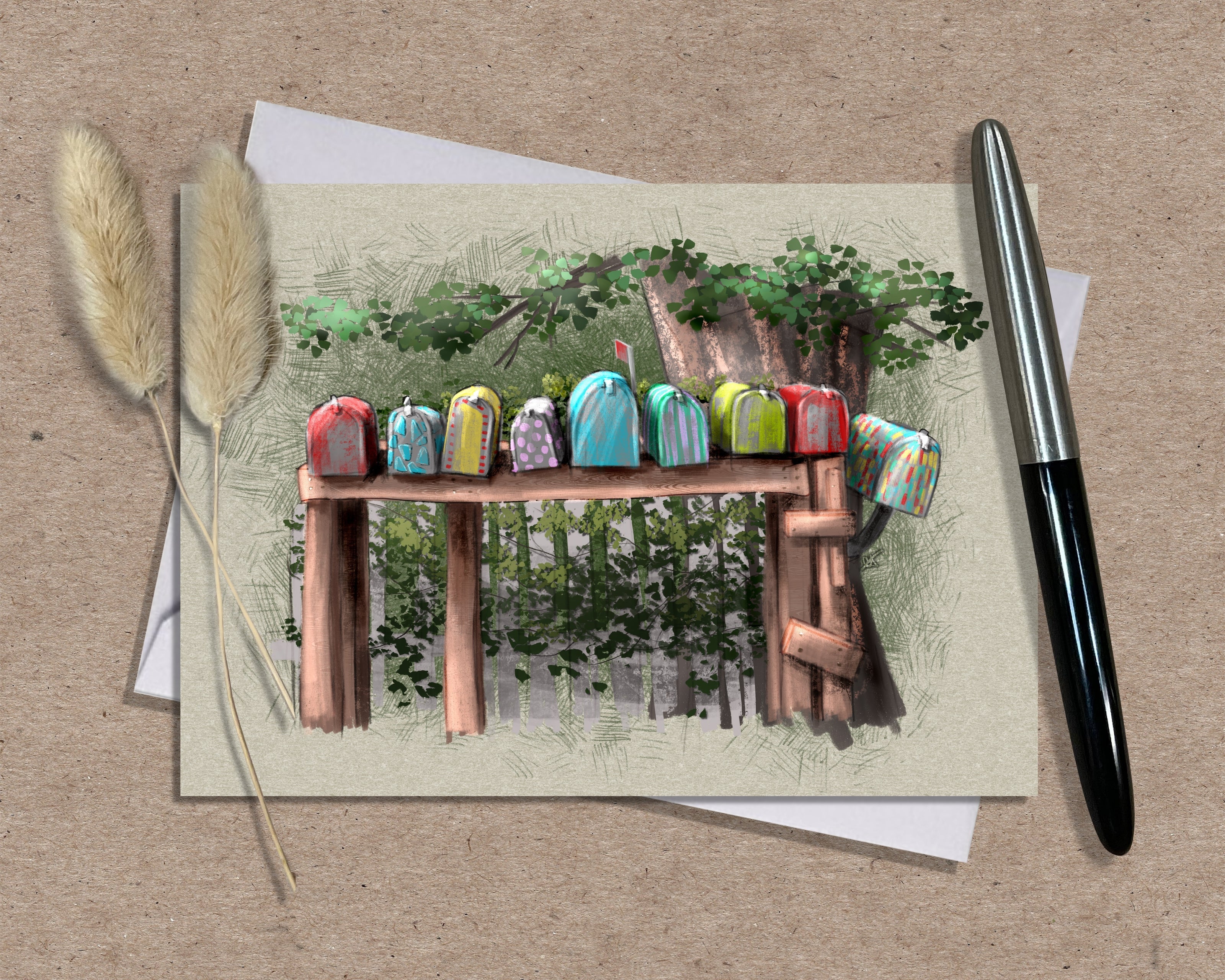Greeting card with colorful mailbox design on a wooden bench, pen, and dried plants on a brown background