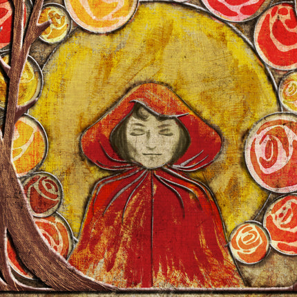 Illustration of a character in a red hooded cloak with a stylized background
