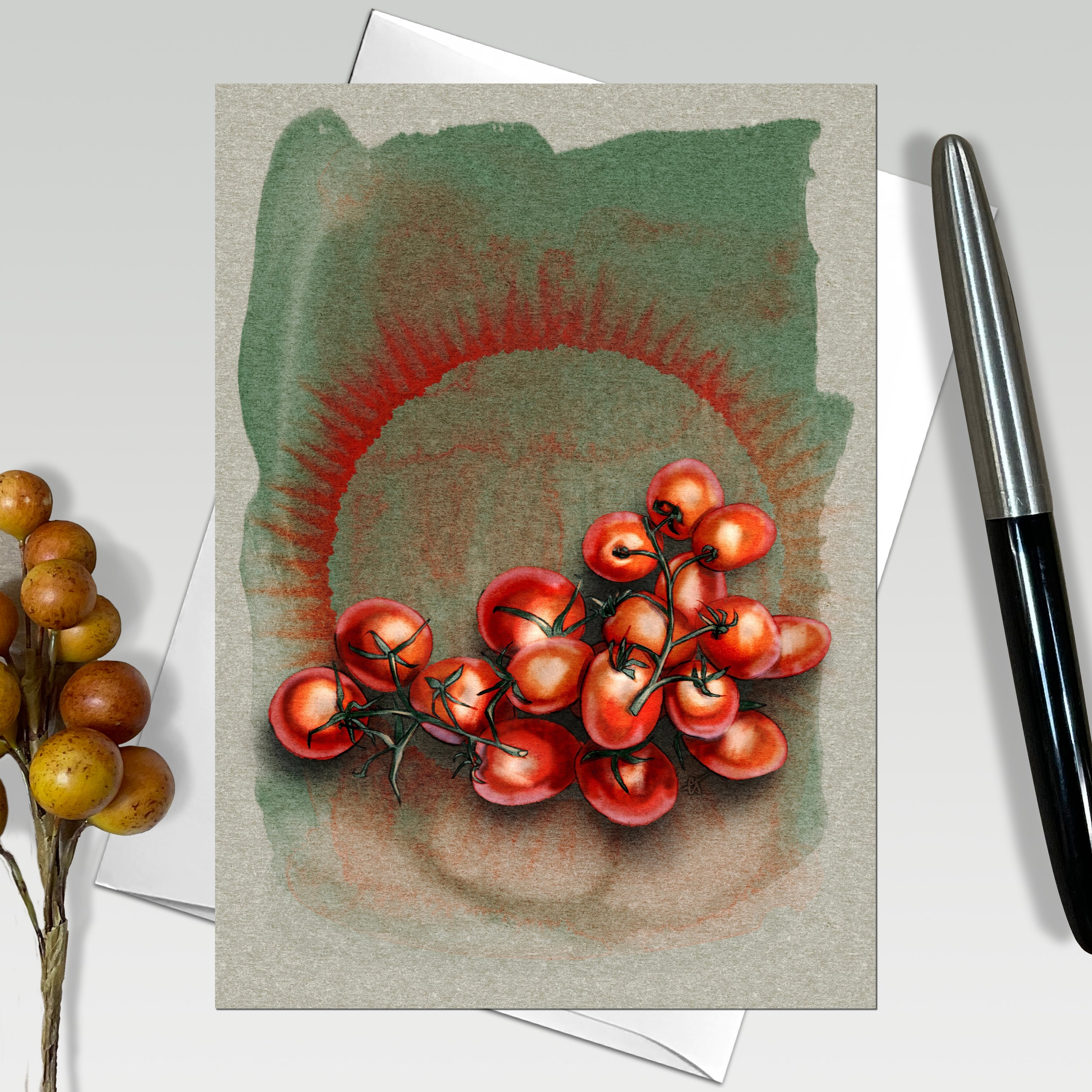 Greeting card with illustration of tomatoes on a textured background